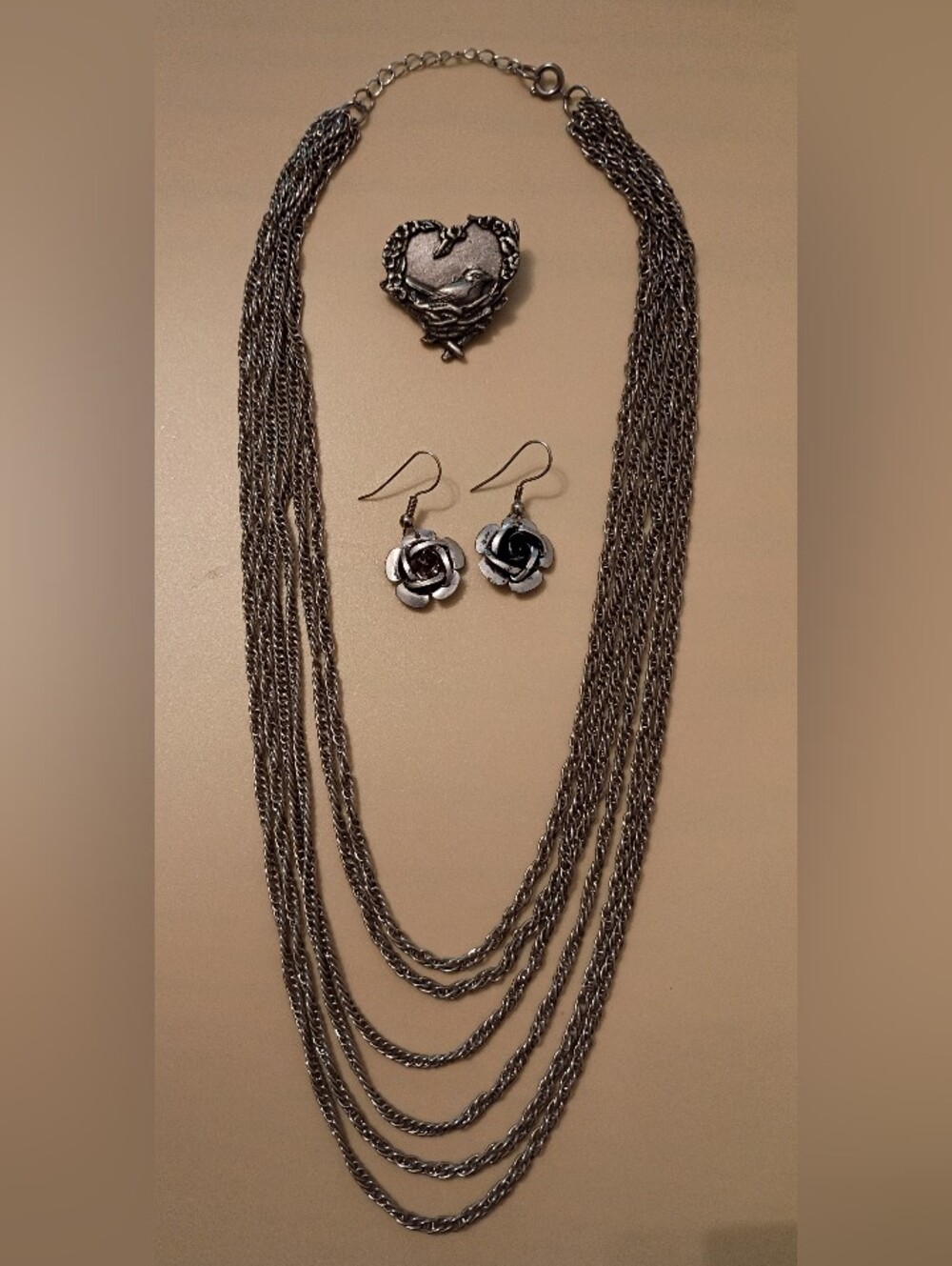 Vtg Rare 6-Strand Necklace, Bird Pin, Rose Earrings- Nickel Color Exc Cond Nice!